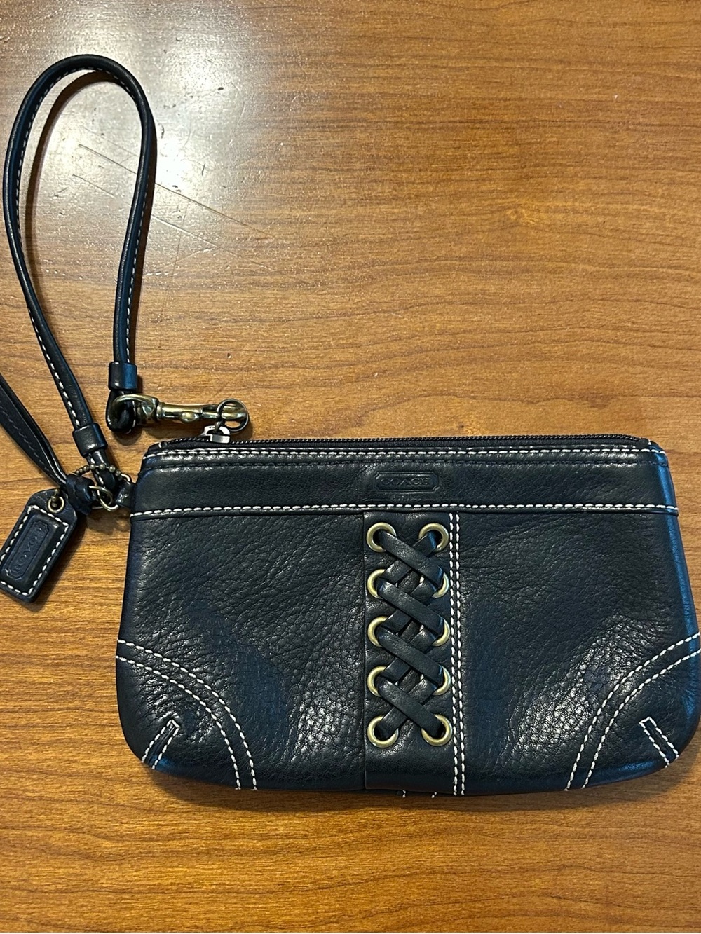 Vintage Coach Black Pebbled Leather Abbey Laced Wristlet Y2K Corset Detail